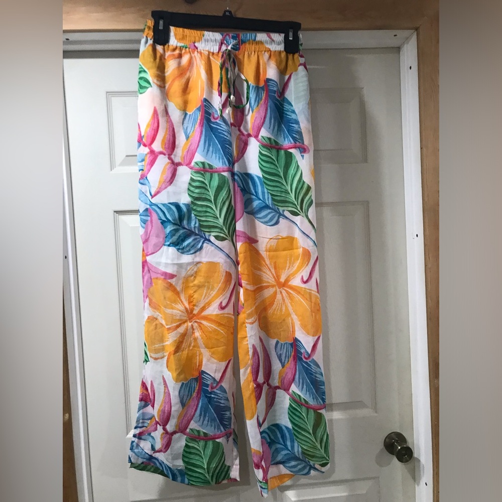 Girls Tropical Floral Wide-Leg Pants - White with Yellow & Multi